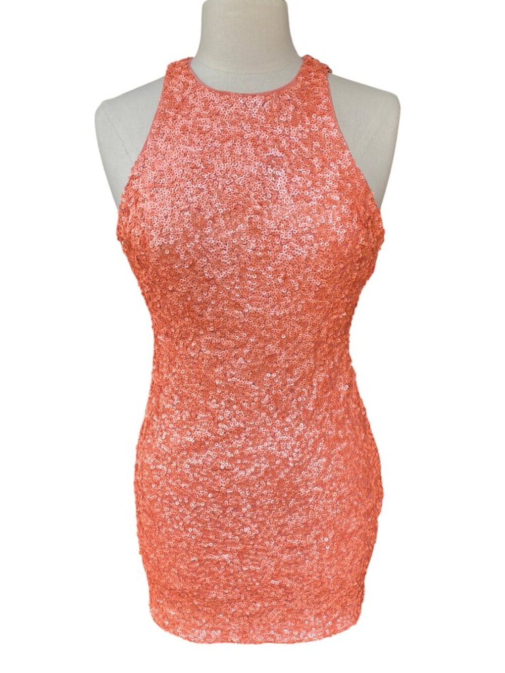 Express Coral Pink Sequin Open Back Halter Bodycon Mini Dress Y2K Glam Party-2